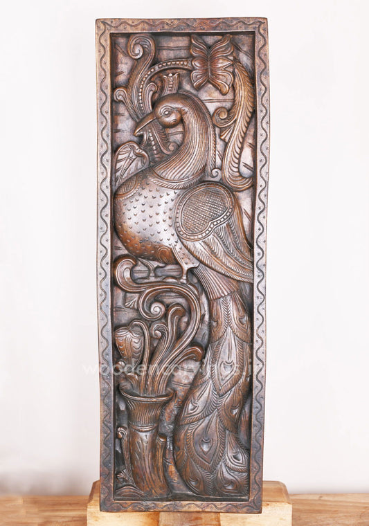 Vertical Standing Peacock Beautifully Handmade With Wax Brown Finishing Wooden Panel 36 inches - ArtyCraftz.com