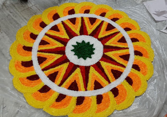 Vibrant Yellow with Red, Orange and White Floral Rangoli Mat - ArtyCraftz.com