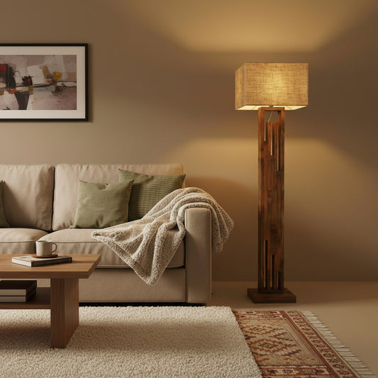 Pine Wood Floor Lamp with Fabric Shade – 60 Inch Tall Wooden Standing Lamp-artycraftz.com