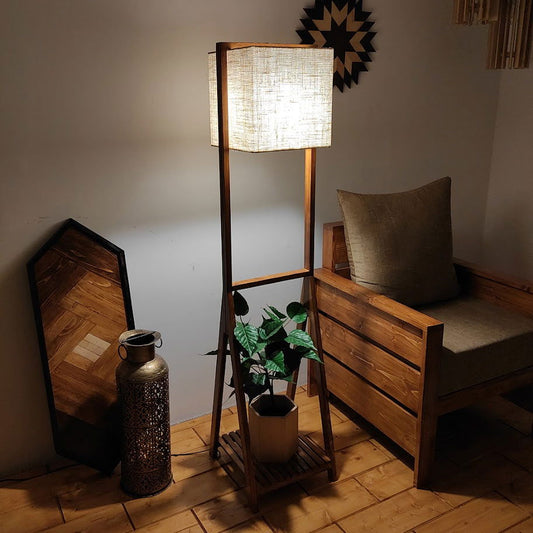 Victoria Wooden Floor Lamp with Brown Base and Jute Fabric Lampshade - ArtyCraftz.com