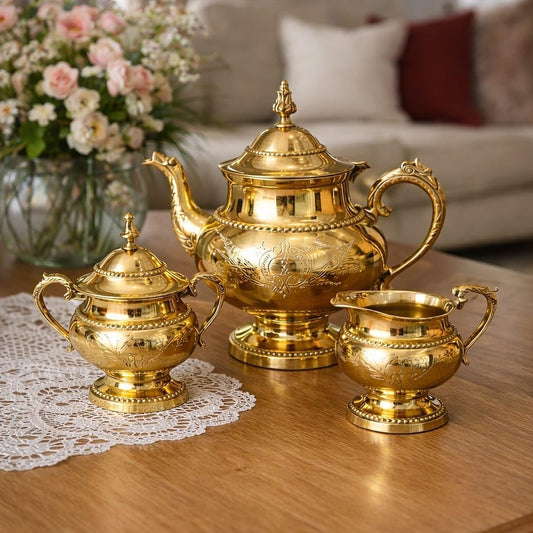Victorian Style Handcrafted Embossed Brass Tea Set-ArtyCraftz.com