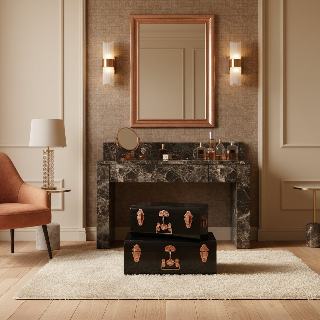 Vintage Matte Black with Rose Gold Hardware Decorative Trunk Box-ArtyCraftz.com