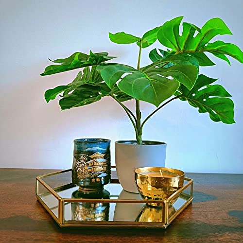 Vintage Mirror Base Glass Golden Brass Hexagon Tray (Size: Medium) Vanity Tray for Living Room, Bathroom, Bedroom, Dining Table, Centre Table, Side Table Decoration