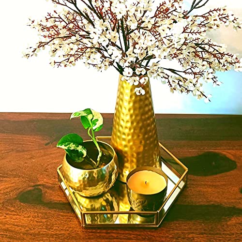 Vintage Mirror Base Glass Golden Brass Hexagon Tray (Size: Medium) Vanity Tray for Living Room, Bathroom, Bedroom, Dining Table, Centre Table, Side Table Decoration