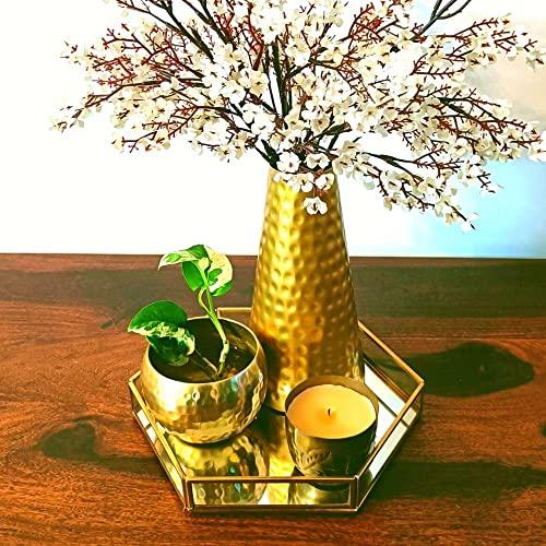 Vintage Mirror Base Glass Golden Brass Hexagon Tray (Size: Medium) Vanity Tray for Living Room, Bathroom, Bedroom, Dining Table, Centre Table, Side Table Decoration