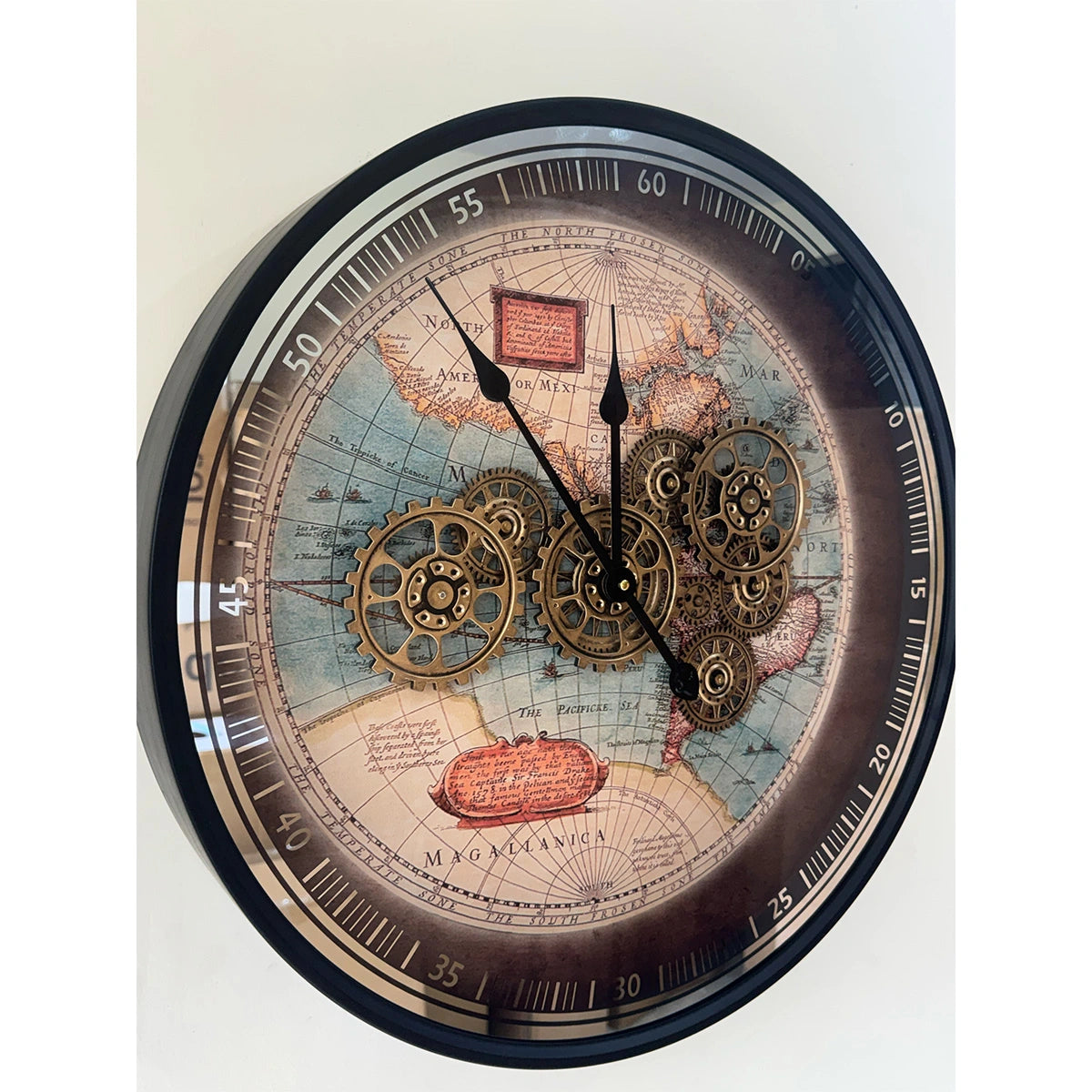 vintage world map wall clock with gears-ArtyCraftz.com