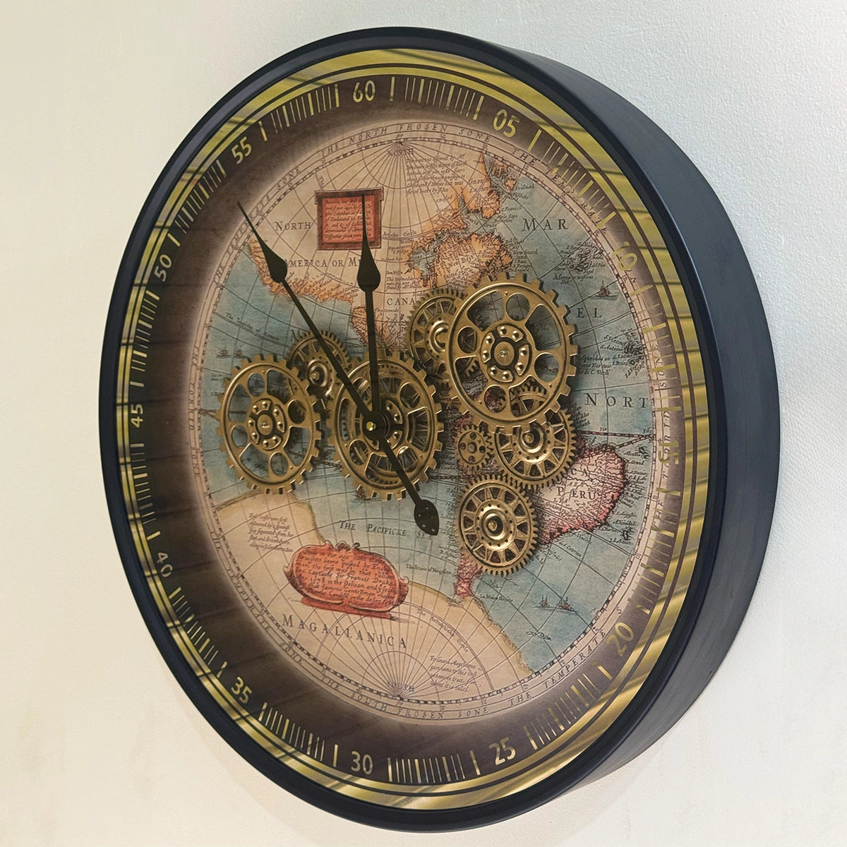 vintage world map wall clock with gears-ArtyCraftz.com