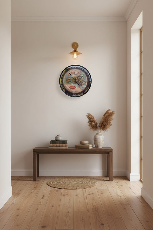 vintage world map wall clock with gears-ArtyCraftz.com