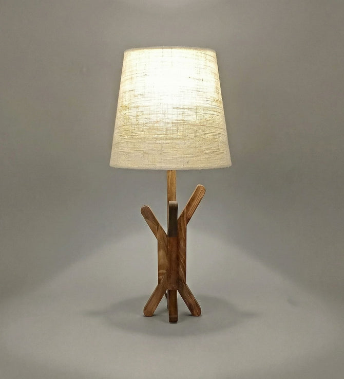 Vrikshya Wooden Table Lamp with Brown Base and Premium White Fabric Lampshade