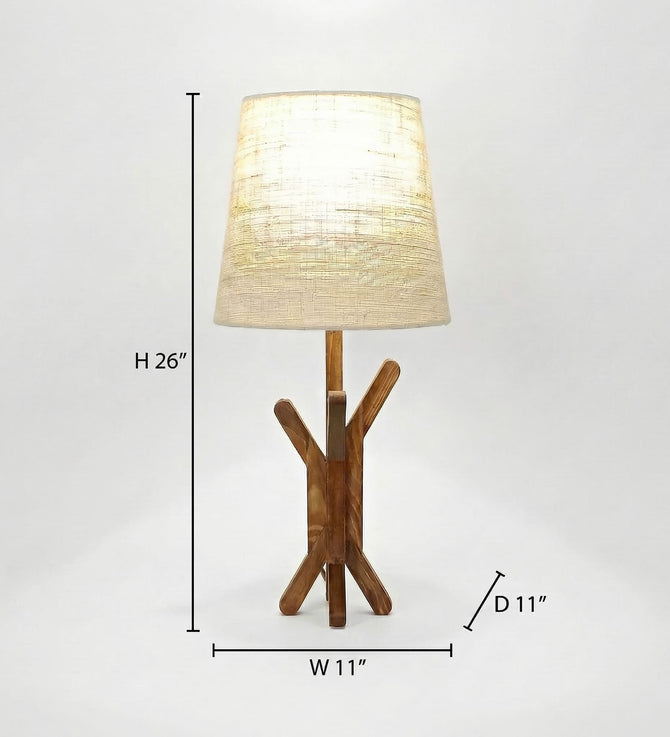Vrikshya Wooden Table Lamp with Brown Base and Premium White Fabric Lampshade