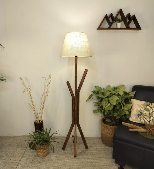 Vrikshya Wooden Floor Lamp with Brown Base and Beige Fabric Lampshade - ArtyCraftz.com