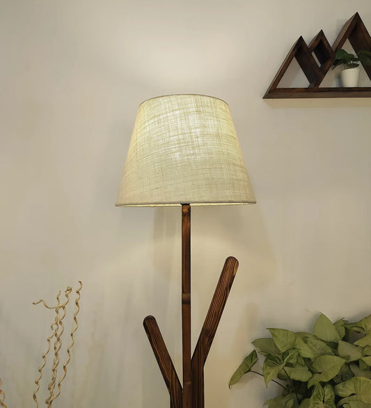 Vrikshya Wooden Floor Lamp with Brown Base and Beige Fabric Lampshade - ArtyCraftz.com