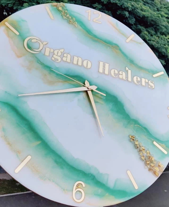 Handcrafted Green, White & Gold Wall Clock with Quartz Crystals and Custom Logo – 12, 15, 18 Inches