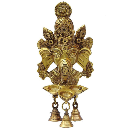 Wall Diya Made of Brass of Ganesha Face witl Bells - ArtyCraftz.com