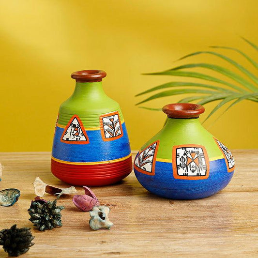 Warli Terracotta Flower Pots In Pastel Blue and Leafy Green (Set Of 2) - ArtyCraftz.com