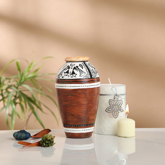 Warli Terracotta Tribal Melodies' Round Vase In Mud Brown - 6 Inches - ArtyCraftz.com