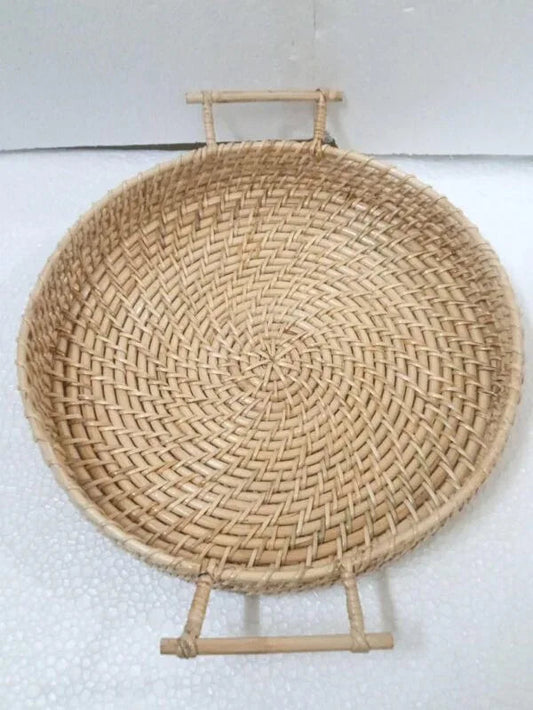 Handmade Cane Round Serving Tray with Handle