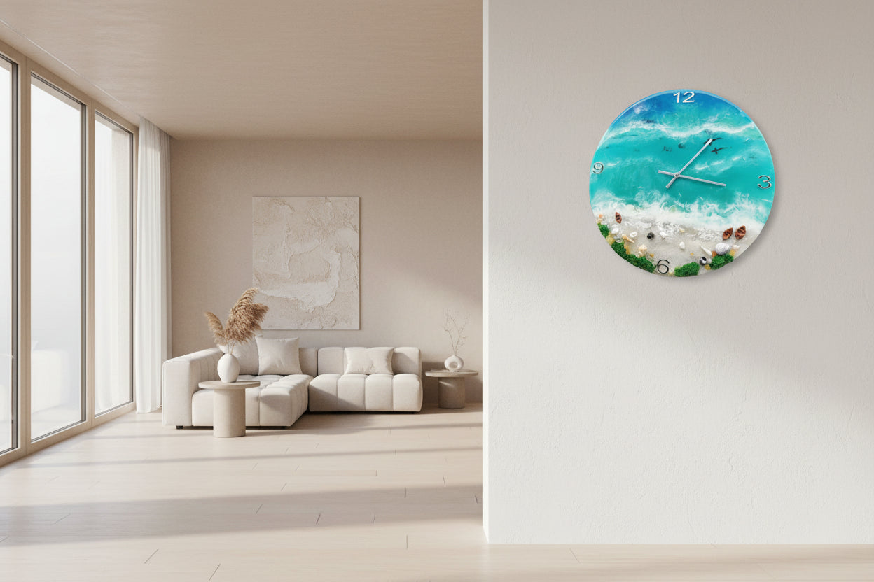 Blue Ocean Beach with White Sand and shells Resin Wall Clock-ArtyCraftz.com