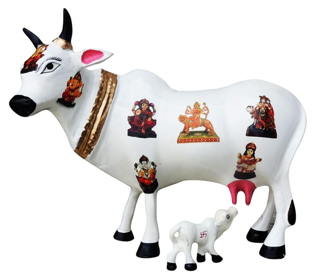 White Aluminium Cow and Calf Statue with Colorful Traditional Decorative Motifs-artycraftz.com
