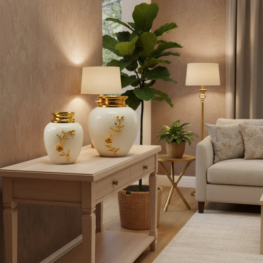 White Ceramic Decorative Vase with Gold Floral Design-ArtyCrftz.com