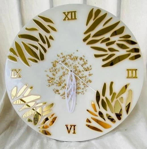 Wall Clock White and Gold with Golden Mirror Acrylic Cutouts for Home Decor and Gifting 16 & 32 Inches - ArtyCraftz.com