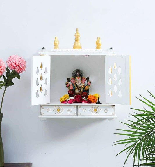 White Mdf & Wood Painted Temple With Net Doors 2 Drawers - ArtyCraftz