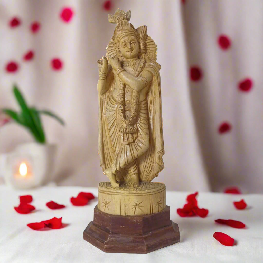 White Teak Wood Handcrafted Krishna Statue-ArtyCraftz.com