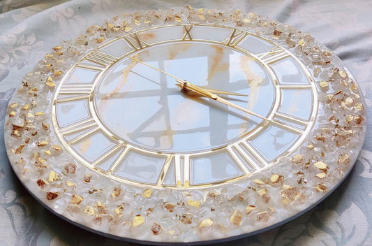 White and Gold with Golden Acrylic Numbers & Hands and Clear Quartz Crystals Wall Clock - ArtyCraftz.com