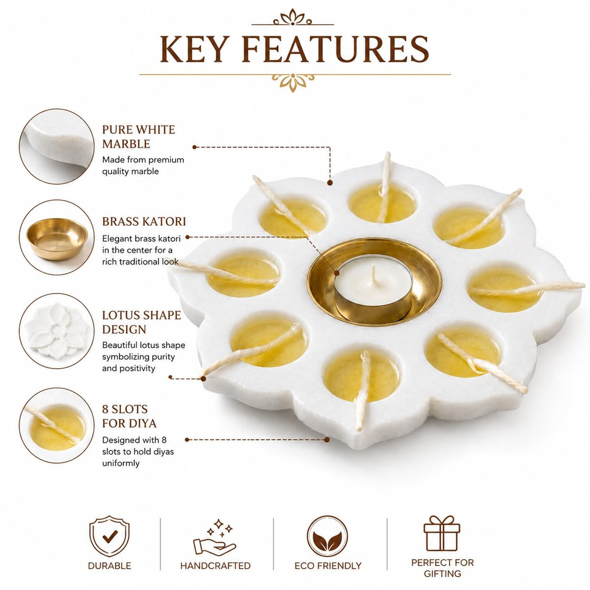 White marble flower-shaped candle holder with eight outer wells and a central brass-finish cup-artycraftz.com