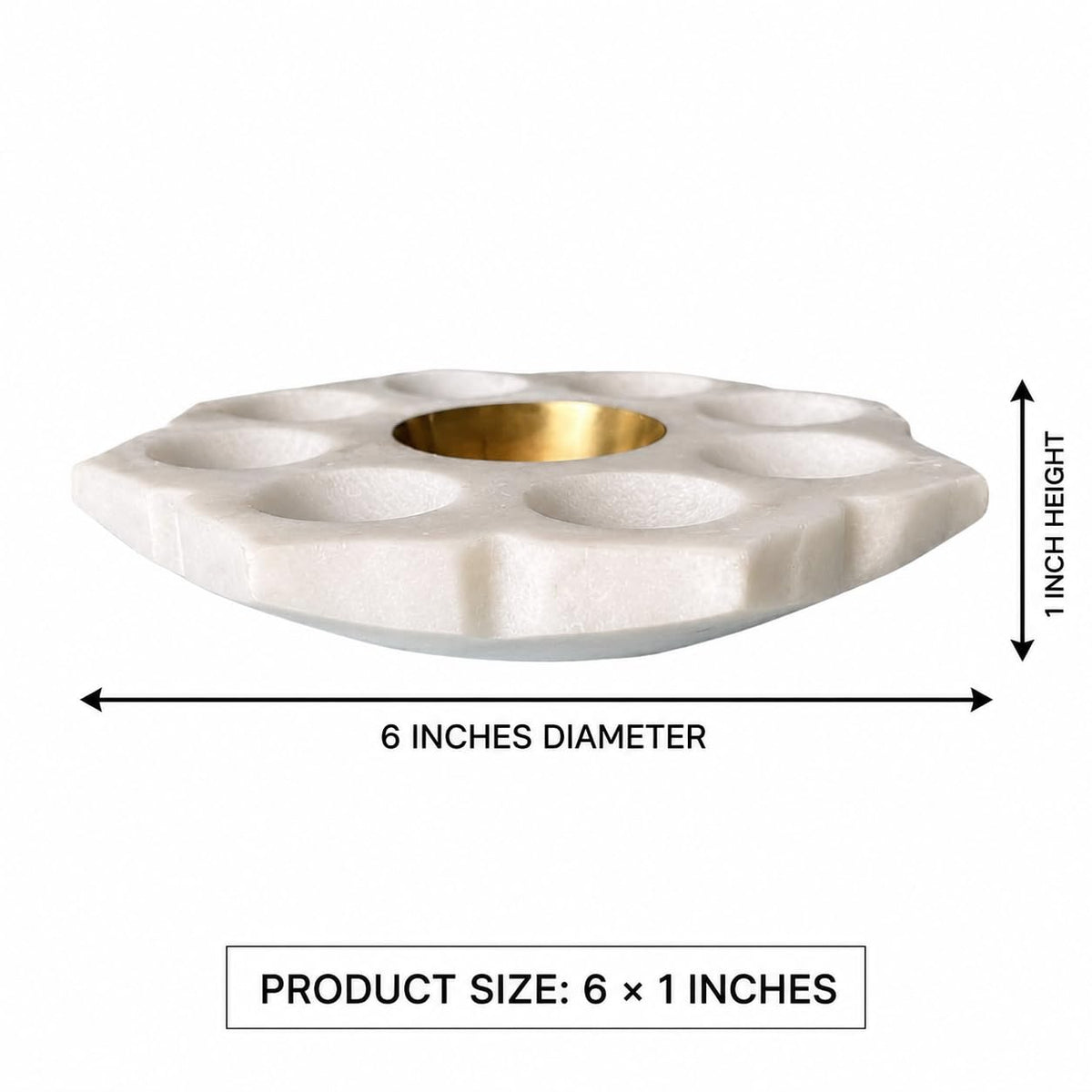 White marble flower-shaped candle holder with eight outer wells and a central brass-finish cup-artycraftz.com