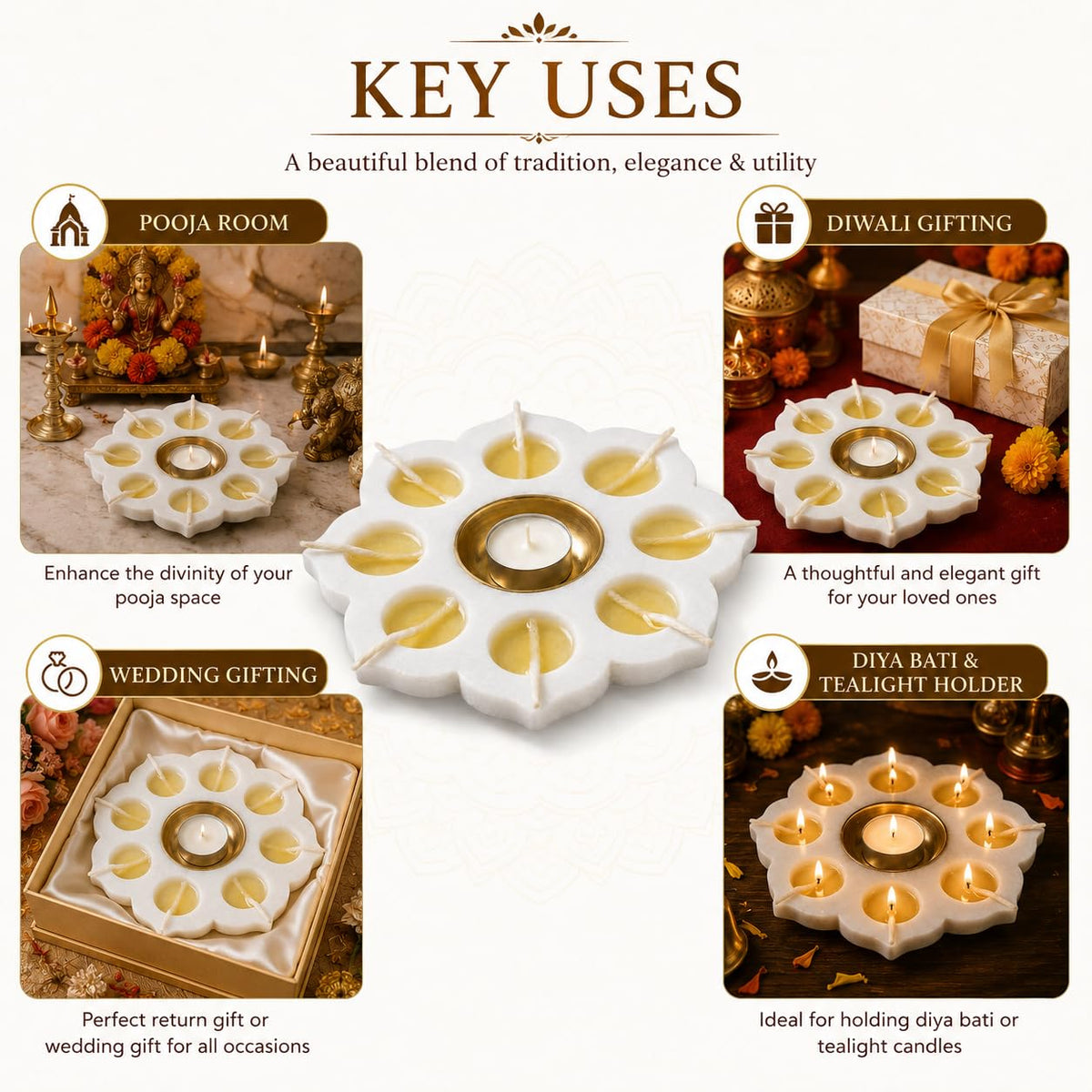 White marble flower-shaped candle holder with eight outer wells and a central brass-finish cup-artycraftz.com