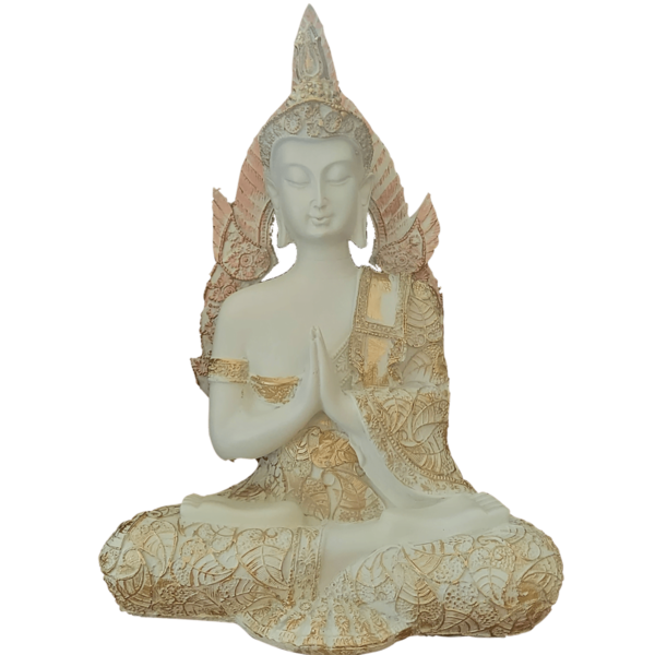 White resin Buddha meditation statue with detailed decorative finish-ArtyCraftz.com