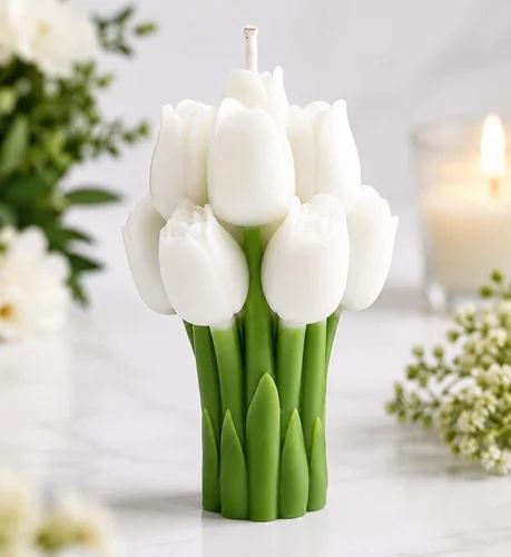 White tulip flower candle with green stem decorative design-artycraftz.com