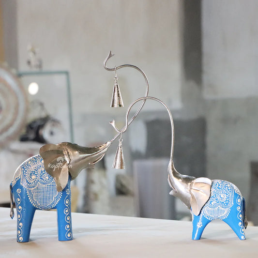 Wood and Metal Elephant With Bell Table Showpiece-ArtyCraftz