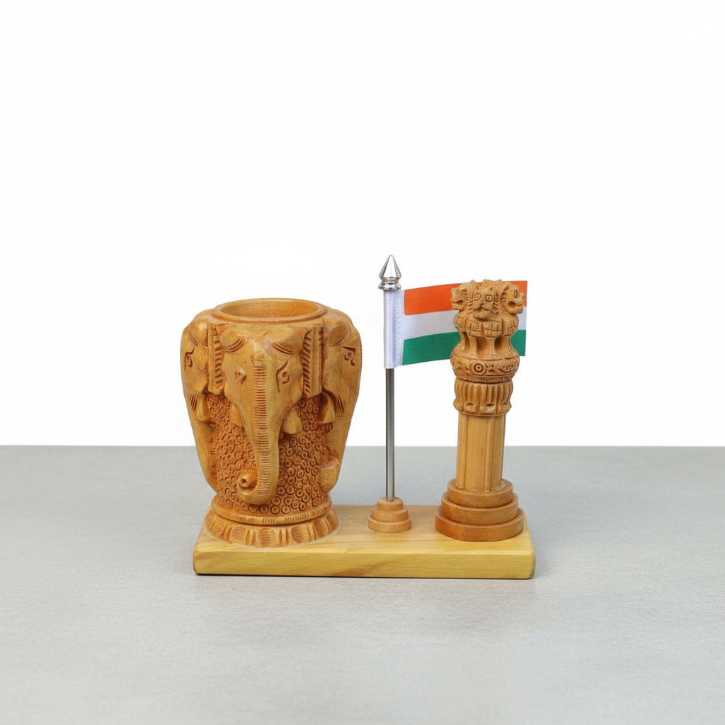 Wooden Ashoka Stambh with Indian Flag and Elephant Pen Stand - ArtyCraftz.com