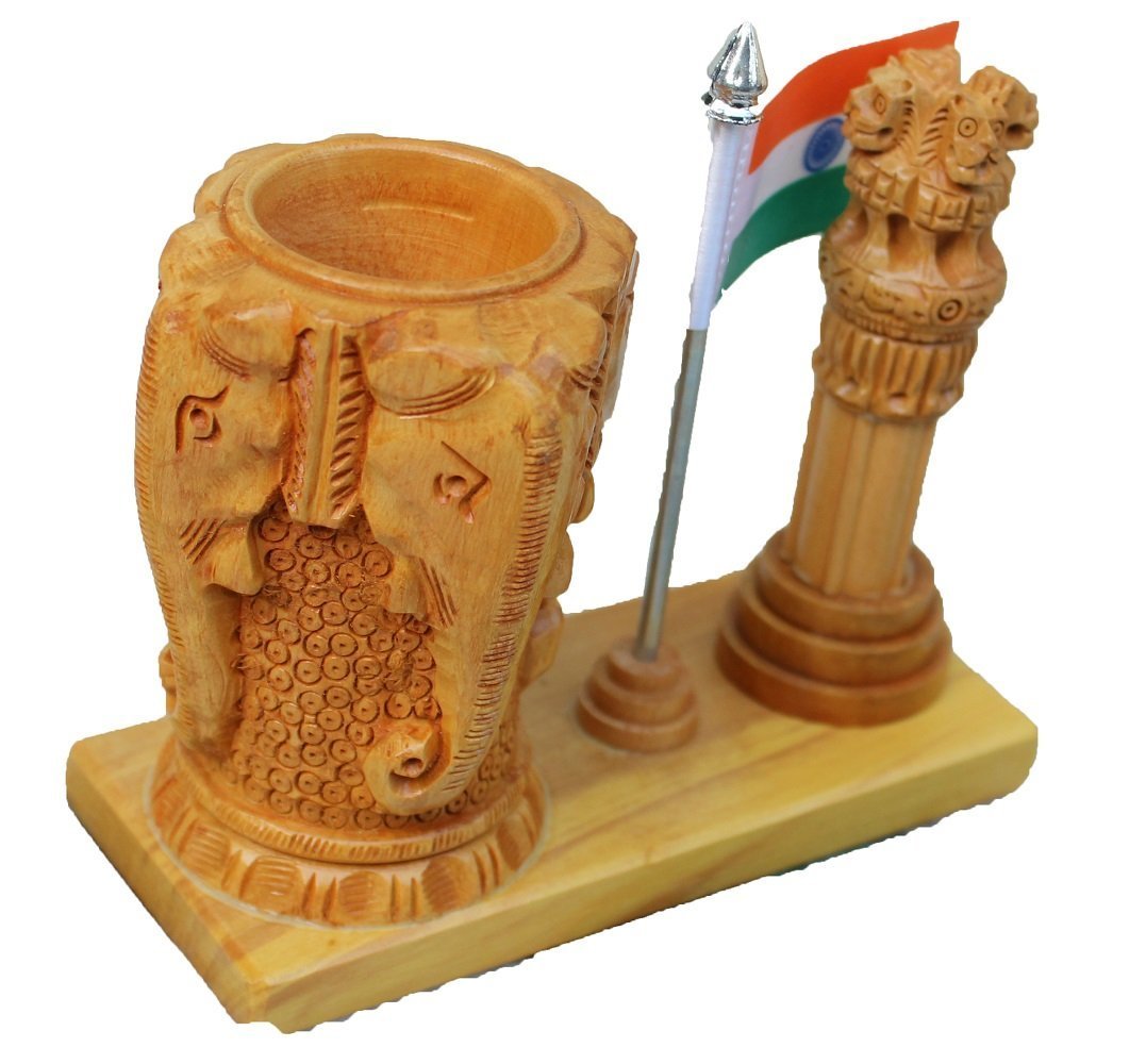 Wooden Ashoka Stambh with Indian Flag and Elephant Pen Stand-ArtyCraftz.com