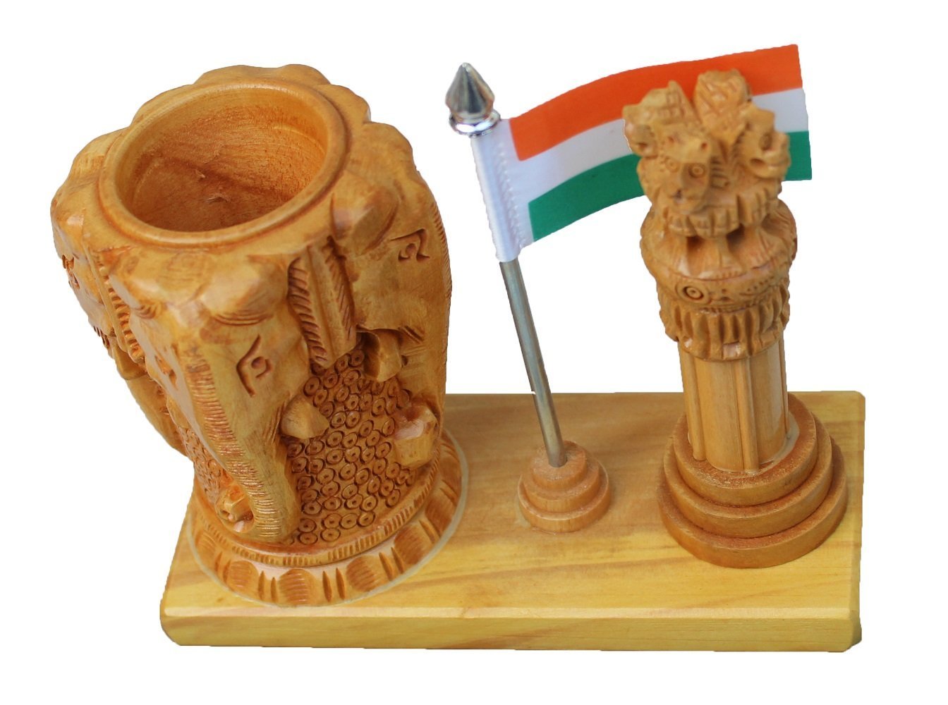 Wooden Ashoka Stambh with Indian Flag and Elephant Pen Stand-ArtyCraftz.com
