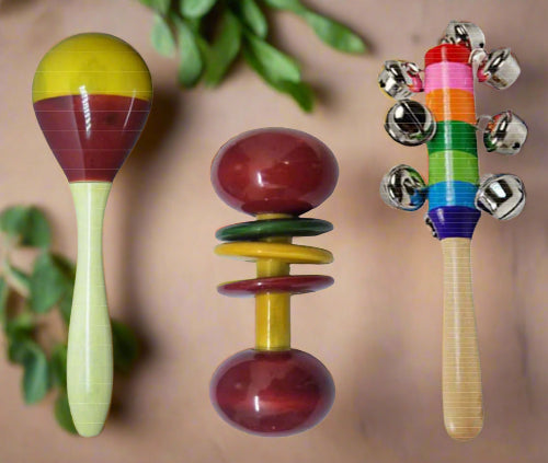 Wooden Baby Rattle Non Toxic Infants Music Toys - Combo Bundle of 3 pcs - Colorful Desi Kids Toys - ArtyCraftz.com