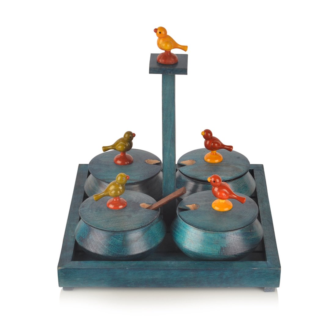 Wooden Bird Blue Spice Box with 4 Containers and Spoons- ArtyCraftz.com