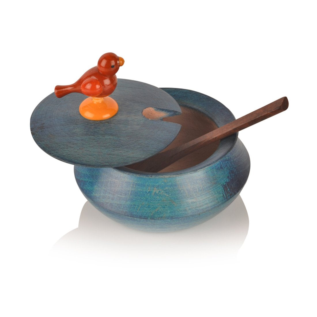 Wooden Bird Blue Spice Box with 4 Containers and Spoons- ArtyCraftz.com