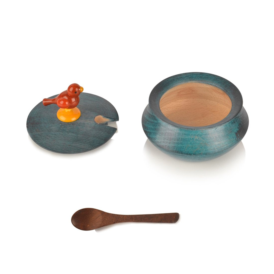 Wooden Bird Blue Spice Box with 4 Containers and Spoons- ArtyCraftz.com