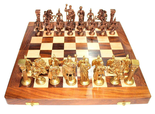 Wooden Chess Board with Brass Roman Piece - ArtyCraftz.com