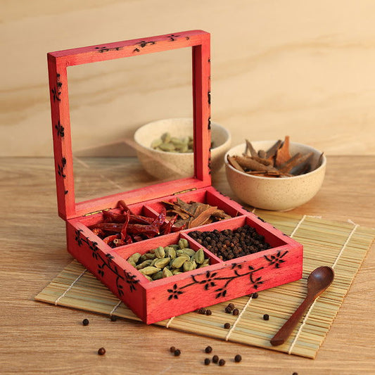 Wooden Engraved Spice Box Pink In Wood With Spoon - Spice Rack - ArtyCraftz.com