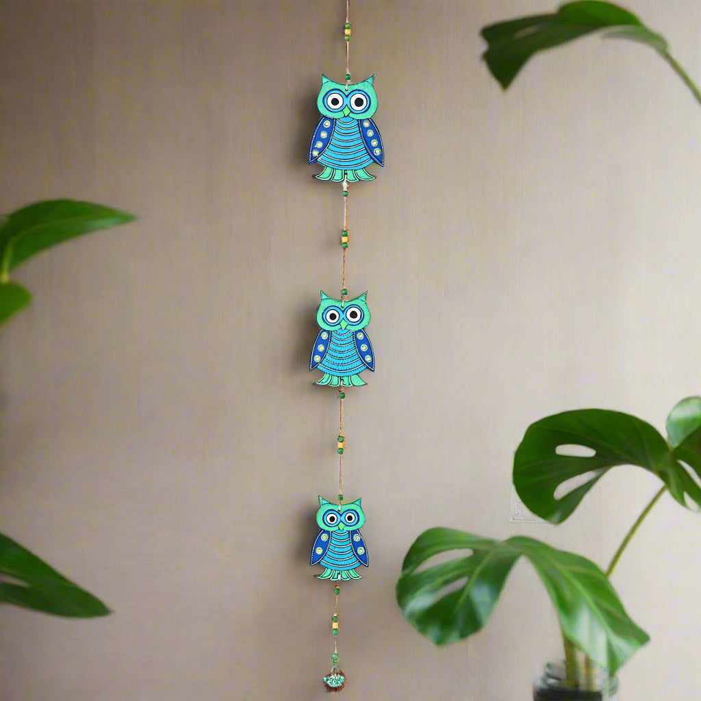 Wooden Green and Blue 3 Owls Wall Hanging-ArtyCraftz.com