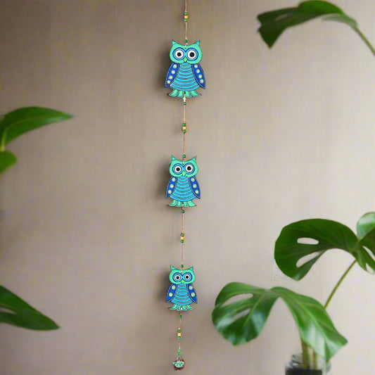 Wooden Green and Blue 3 Owls Wall Hanging-ArtyCraftz.com