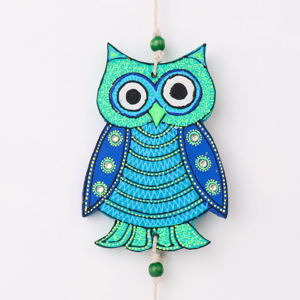 Wooden Green and Blue 3 Owls Wall Hanging-ArtyCraftz.com