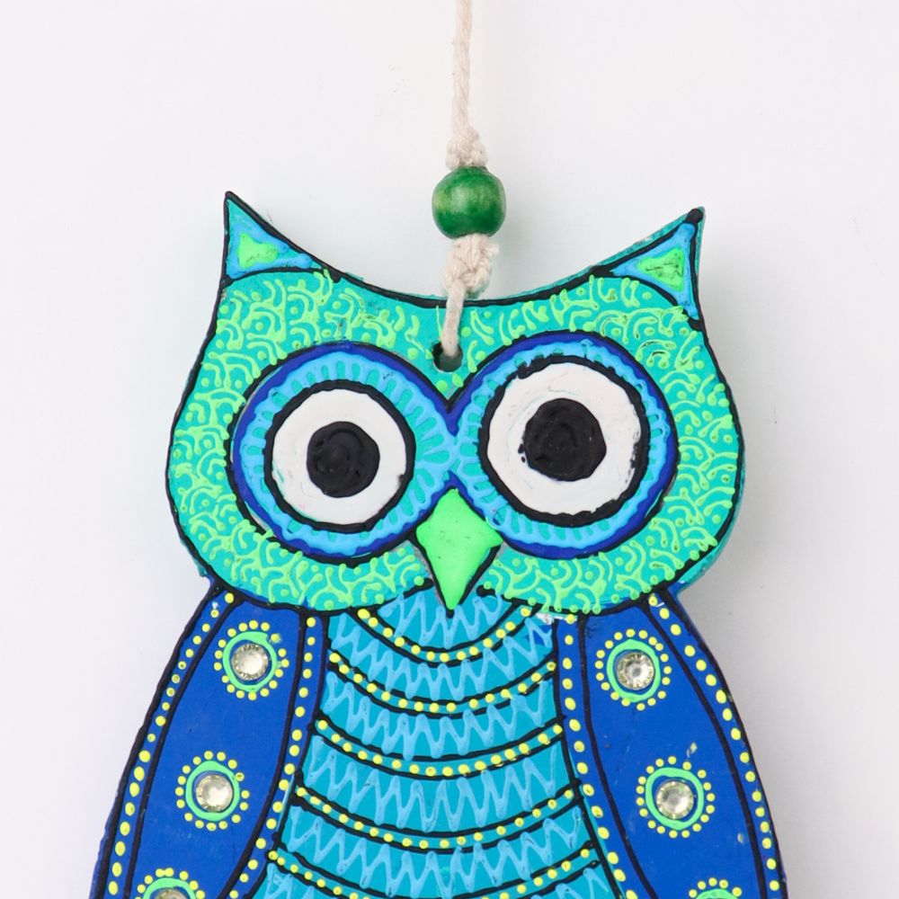 Wooden Green and Blue 3 Owls Wall Hanging-ArtyCraftz.com