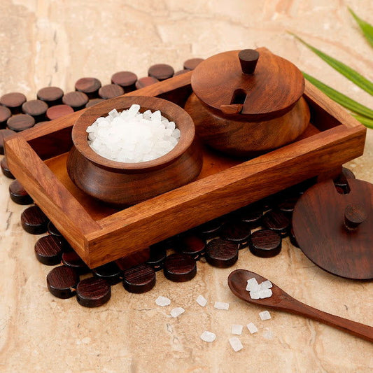 Wooden Jar Set With Tray & Spoon In Sheesham Wood Brown - ArtyCraftz.com