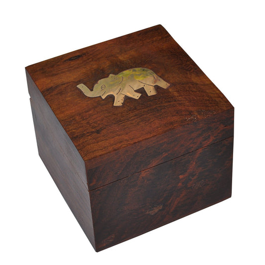 Wooden Jewelry Box Brass Elephant Inlay Work