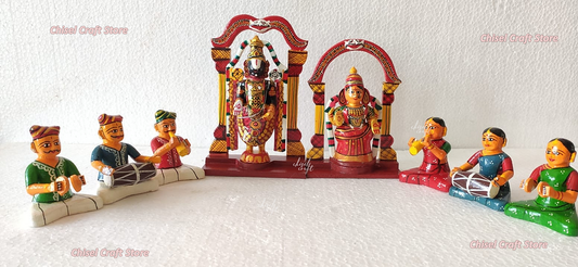 Wooden Kondapalli Lord Balaji and Padmavathi with Classical Musicians - ArtyCraftz.com